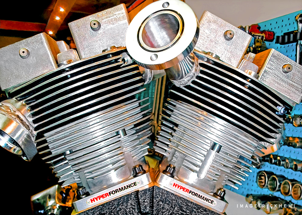 John Harmon 120 Shovelhead engine, replacement parts,  Hyperformance billet machined ductile cylinders, image by Rick Hemi