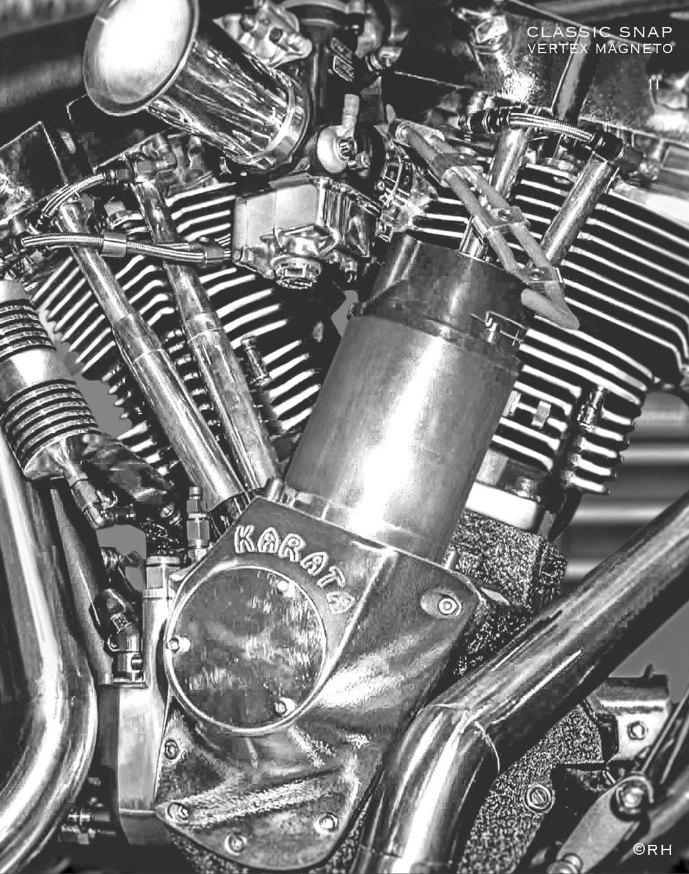 classic old school John Harmon 120 shovelhead engine, Vertex single fire magneto, image by Rick Hemi