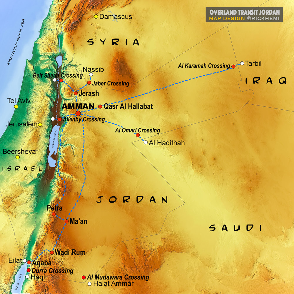 Jordan solo overland travel route map, international border crossings Syria Iraq Saudi Israel, map design by Rick Hemi