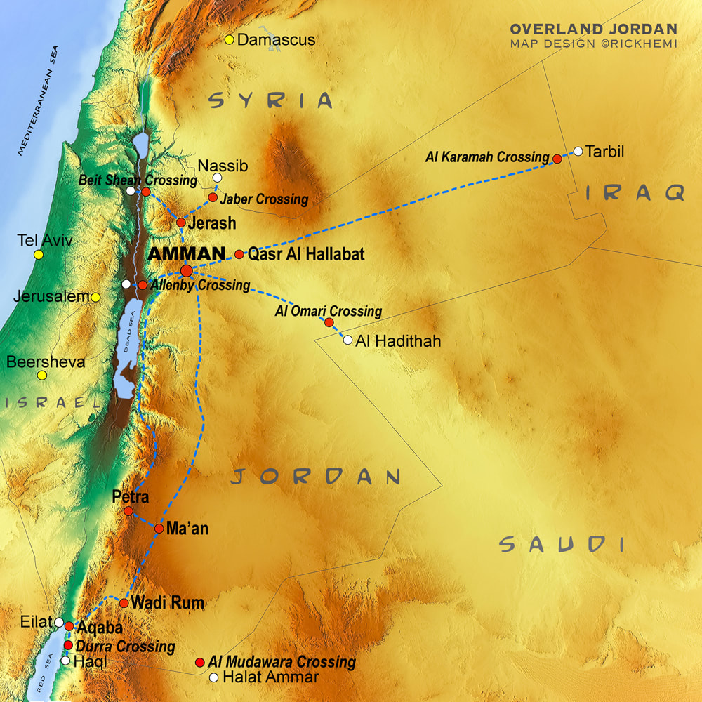 Jordan solo overland travel route map, international border crossings Syria Iraq Saudi Israel, map design by Rick Hemi