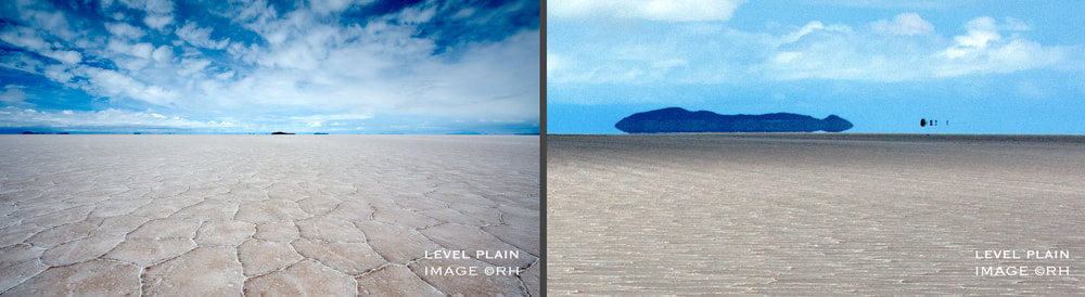 flat level plain, beyond the horizon, zero curvature or refraction, images by Rick Hemi 