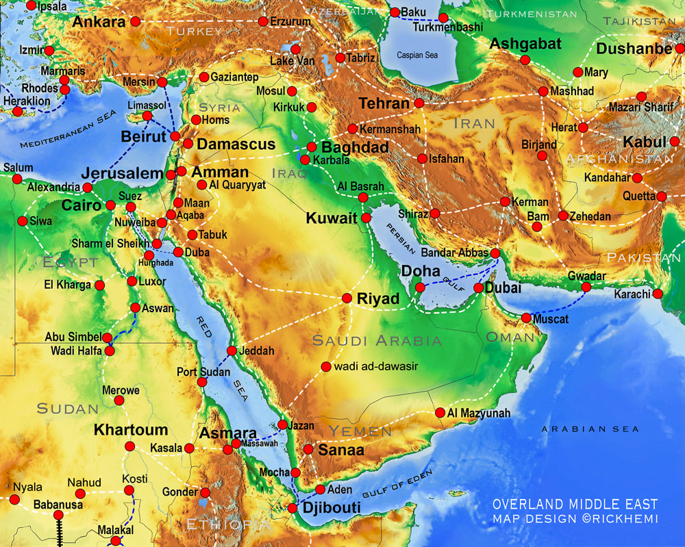 Middle East overland travel and transit map routes, map design by Rick Hemi
