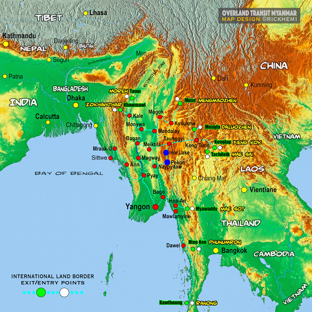 MYANMAR overland transit route map, Myanmar international border crossings-India, China, Thailand, Laos, map design by Rick Hemi