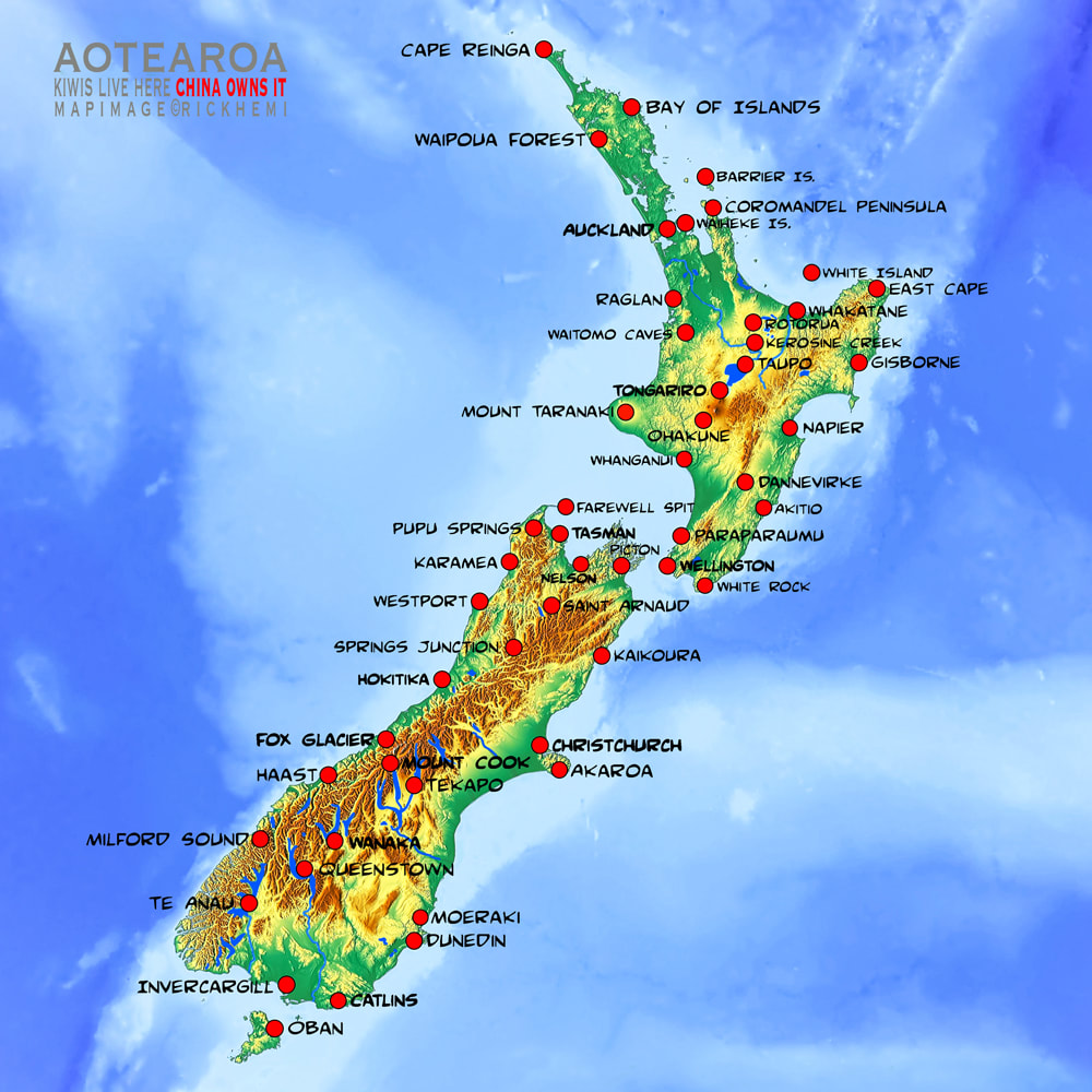New Zealand solo overland travel and transit road trip map, map design by Rick Hemi