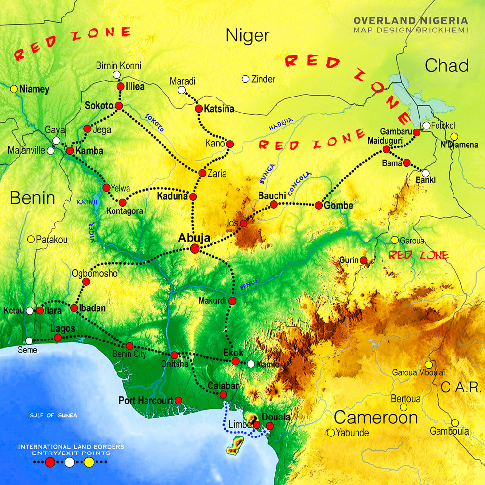 NIGERIA solo overland travel and transit route map, Nigeria overland border entry-exit posts, map design by Rick Hemi