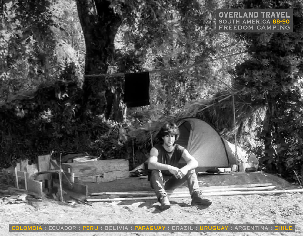 offshore solo overland travel, classic late '80s freedom camping snap, South America, Rick Hemi