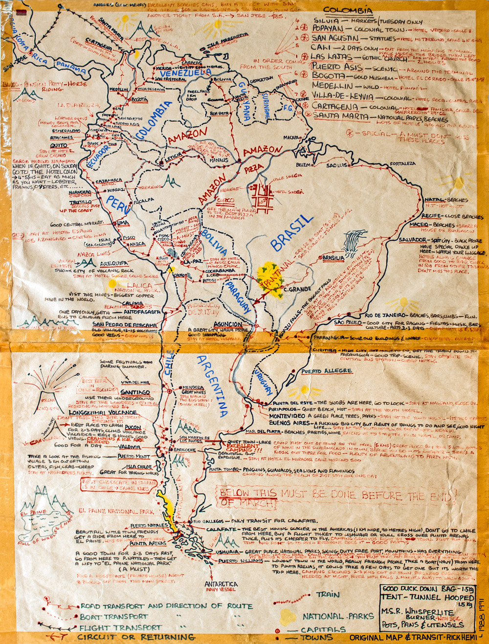 solo overland travel transit map 1980's era South America, map by Rick Hemi