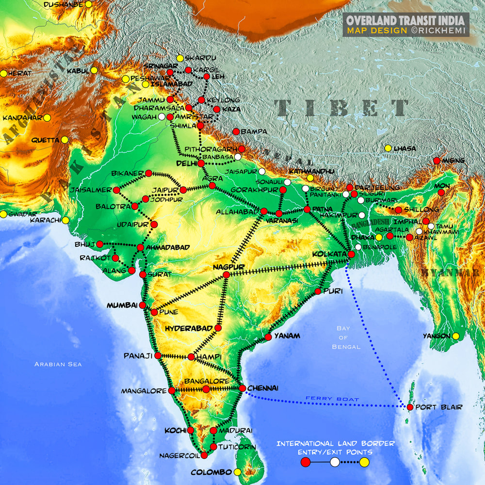 solo overland travel and transit Asia, India route map, image designed by Rick Hemi