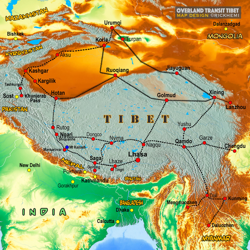 solo overland travel and transit Asia, Tibet route map, image designed by Rick Hemi