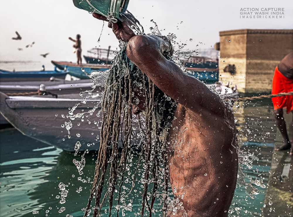 Asia overland travel action photography, washing ghat, sadhu, India , DSLR image by Rick Hemi
