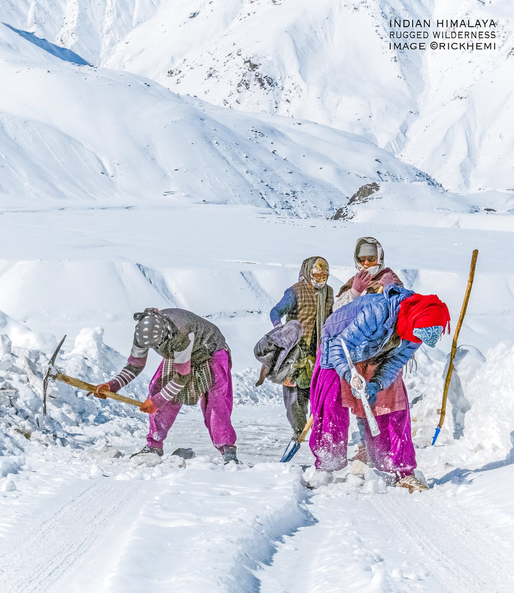 female road maintenance crew breaking ice with pickaxes @4000 metres altitude, midwinter overland Indian Himalayan highlands, image by Rick Hemi