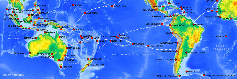 hitching lifts across the Pacific Ocean route map, Panama to New Zealand, Australia to Panama, map design by Rick Hemi