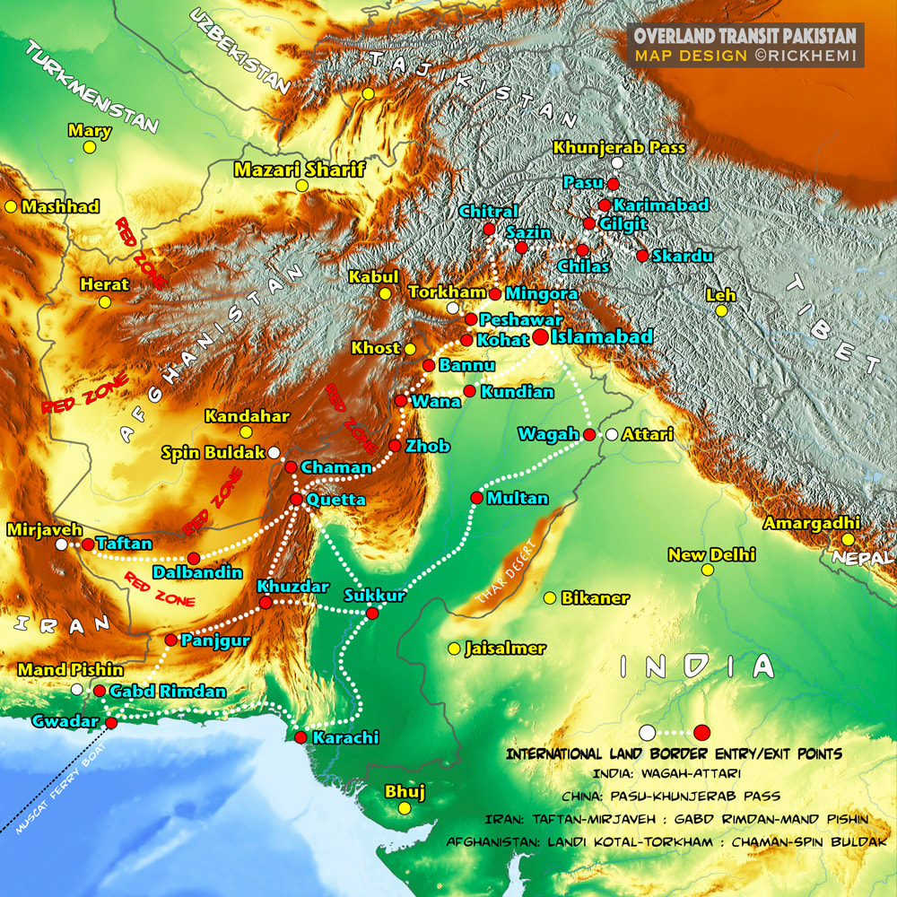 Pakistan- overland travel and transit route map, Pakistan official border crossings-Iran-Afghanistan-China-India