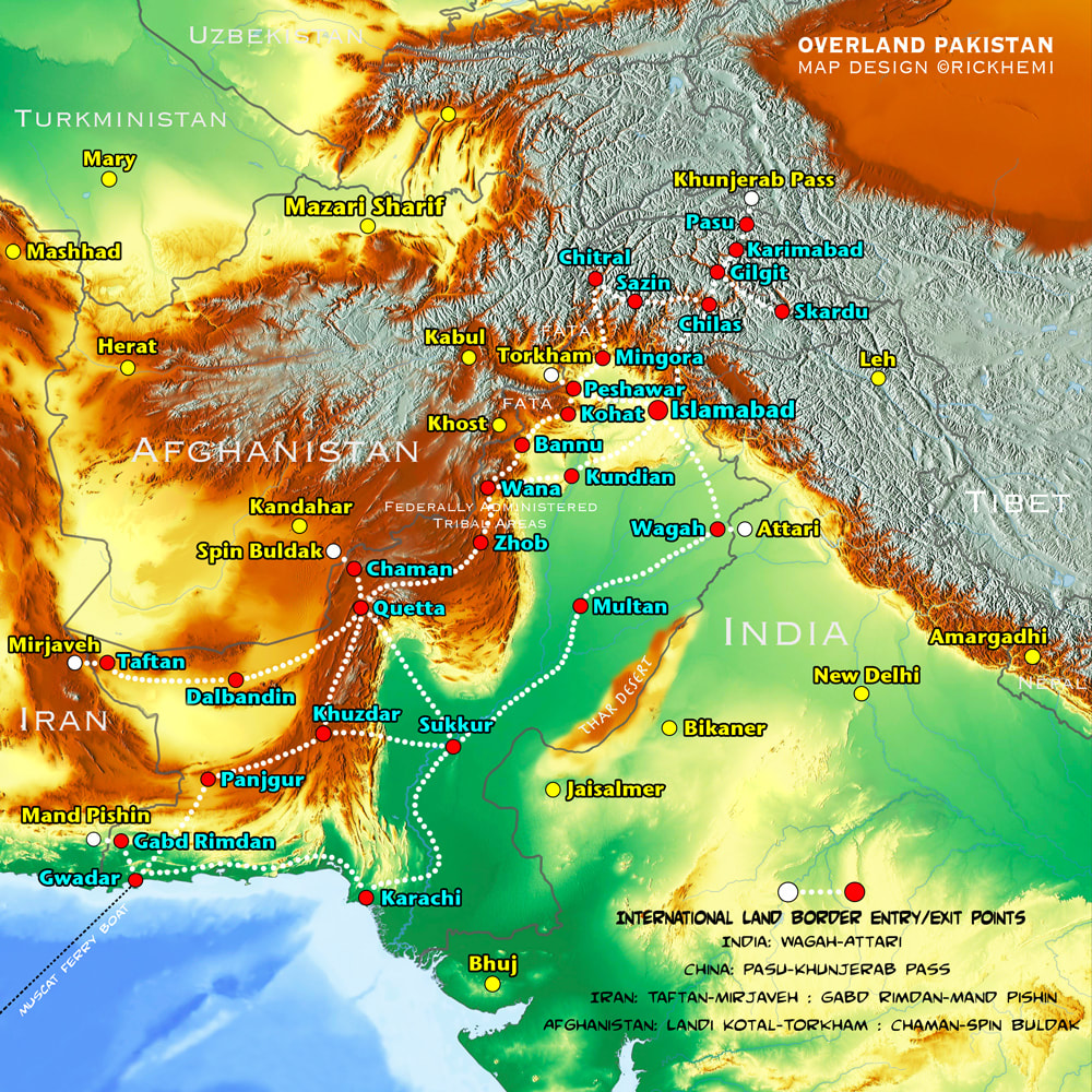Pakistan solo overland travel transit route map, map design by Rick Hemi