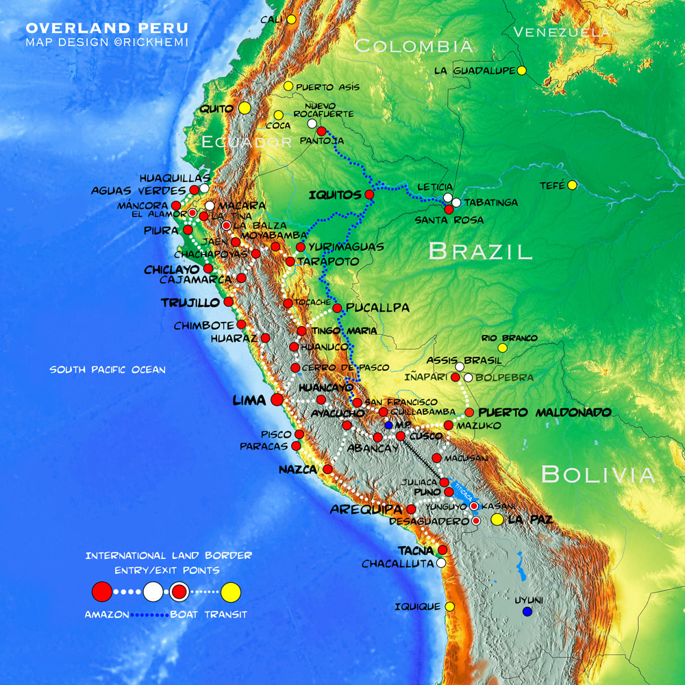 Peru solo overland travel transit route map, Peru international border crossings, map design by Rick Hemi