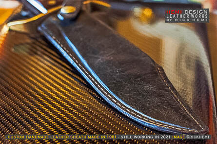 about page Rick Hemi, custom handmade leather sheath by Rick Hemi, W49 Bowie knife 1981