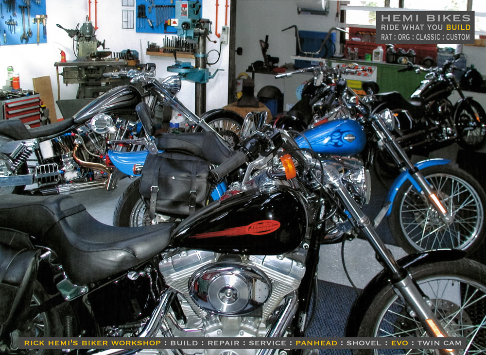 workshop Harley Big twin biker garage, image by Rick Hemi