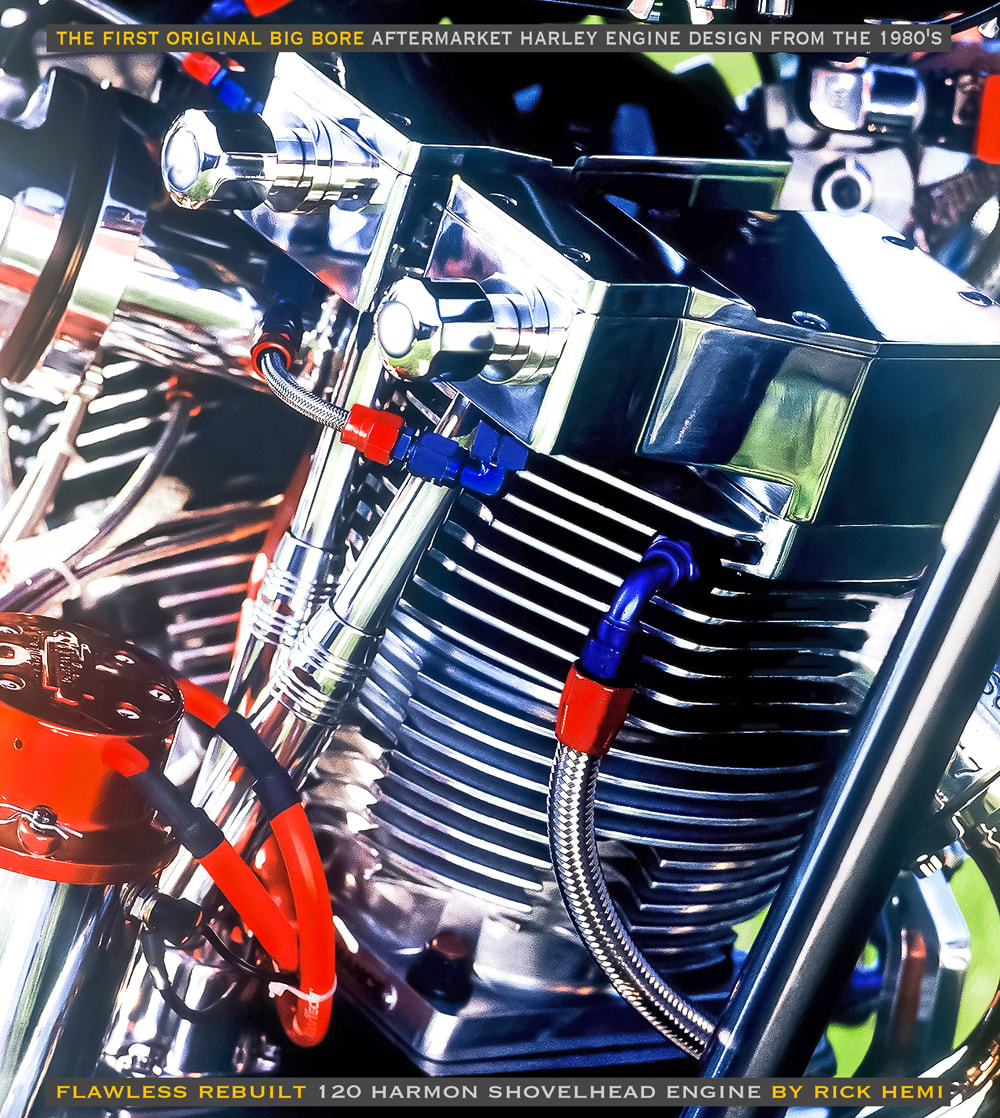 Rick Hemi's flawless John Harmon big twin Shovelhead 120 cubic inch engine, image by Rick Hemi
