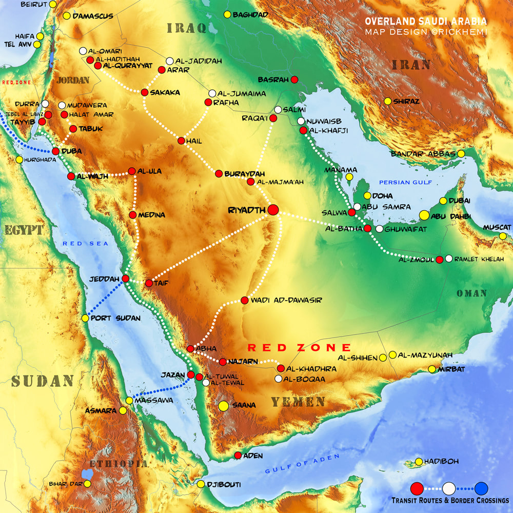 SAUDI ARABIA solo overland travel transit route map, map design by Rick Hemi