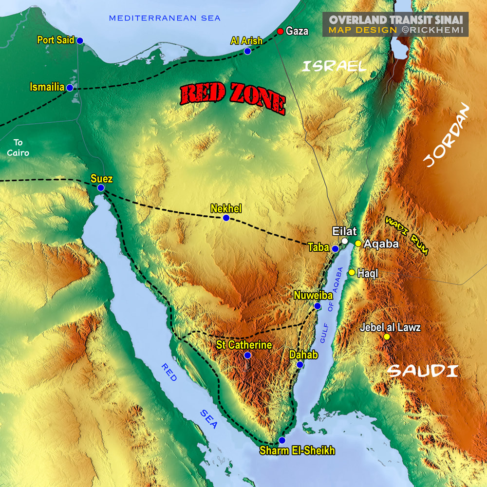 Sinai solo overland travel and transit routes, Suez-Nekhel-Taba, Suez-Sharm el Sheikh Dahab Nuweiba Eilat Aqaba, image design by Rick Hemi