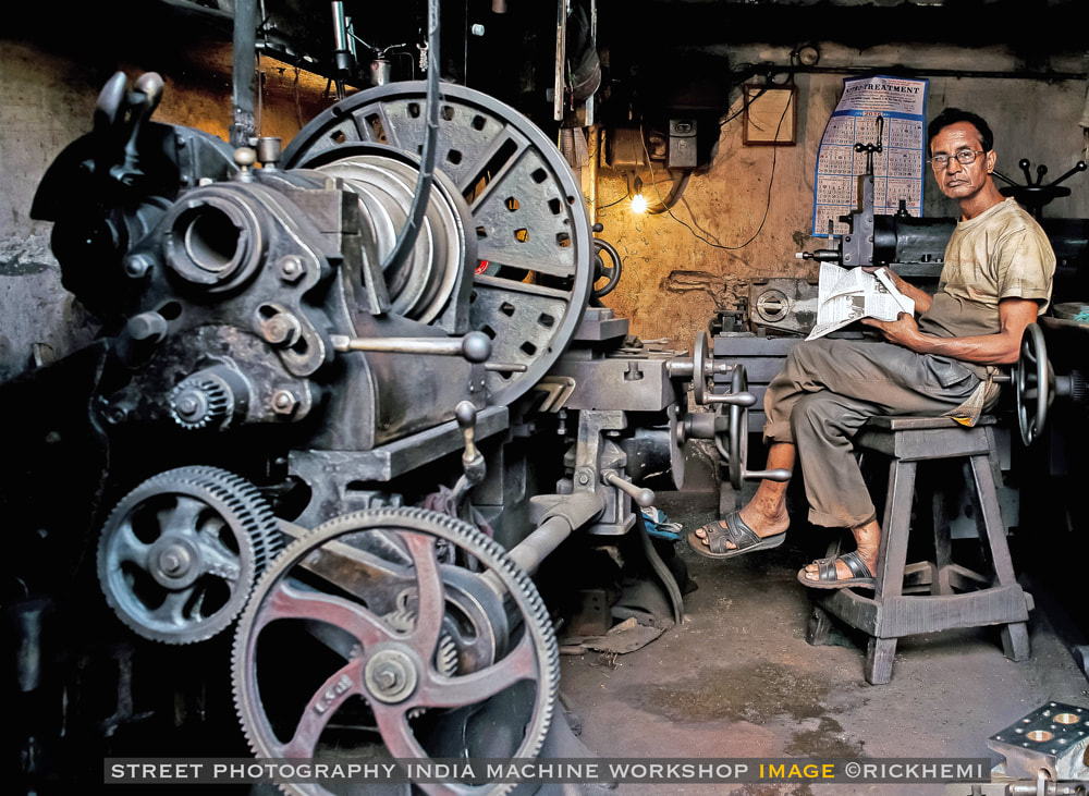 solo overland travel India, street photography India, machine workshop India, image by Rick Hemi
