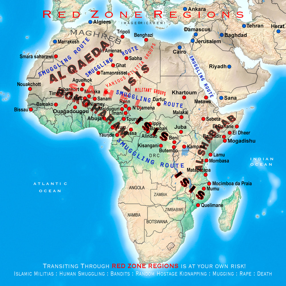 solo overland travel Africa, red zone regions, map design by Rick Hemi