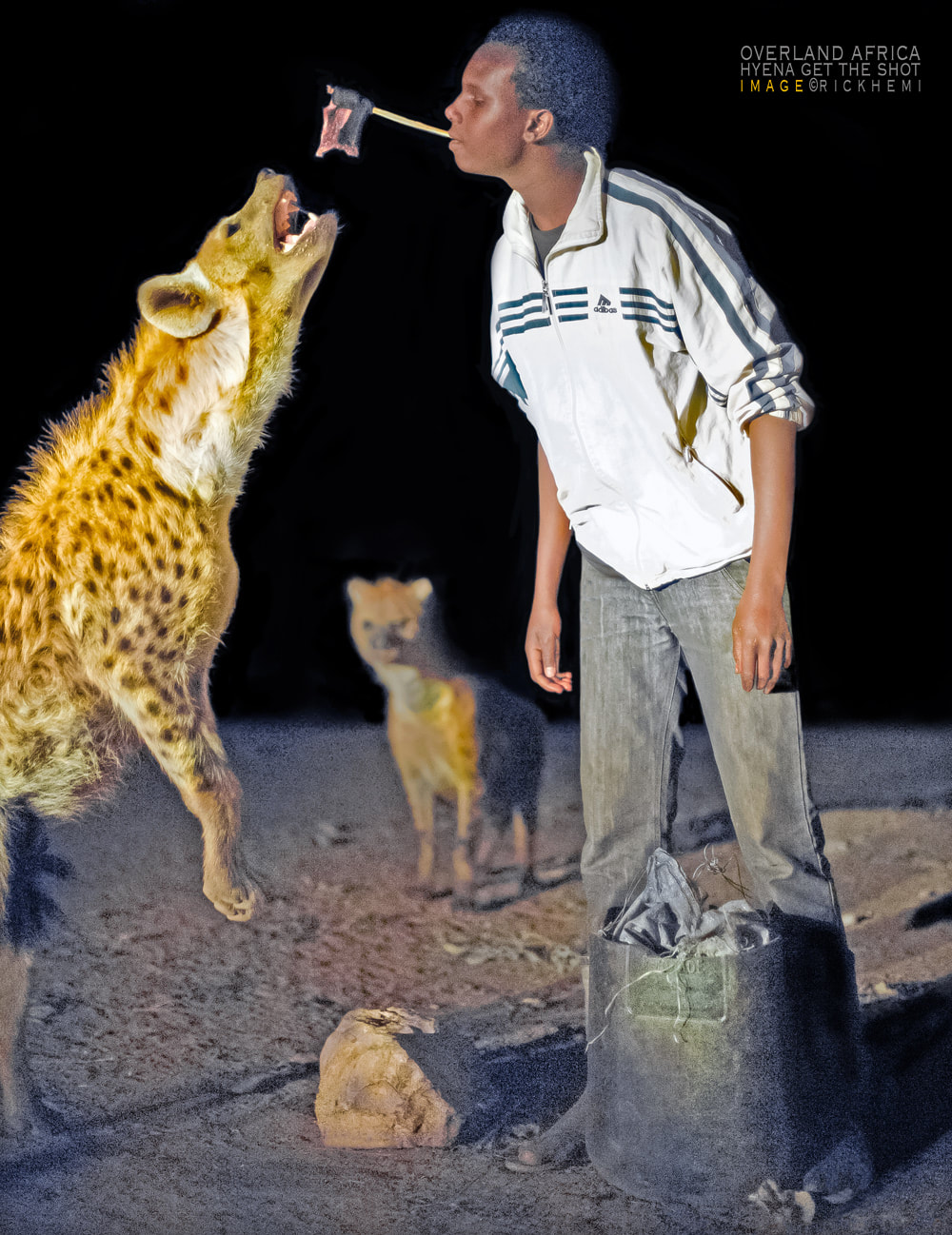 solo overland travel Africa, get the shot, hyena night feeding, image by Rick Hemi