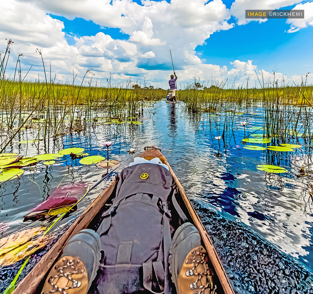 solo overland travel Africa, Okavango Delta, dugout image by Rick Hemi