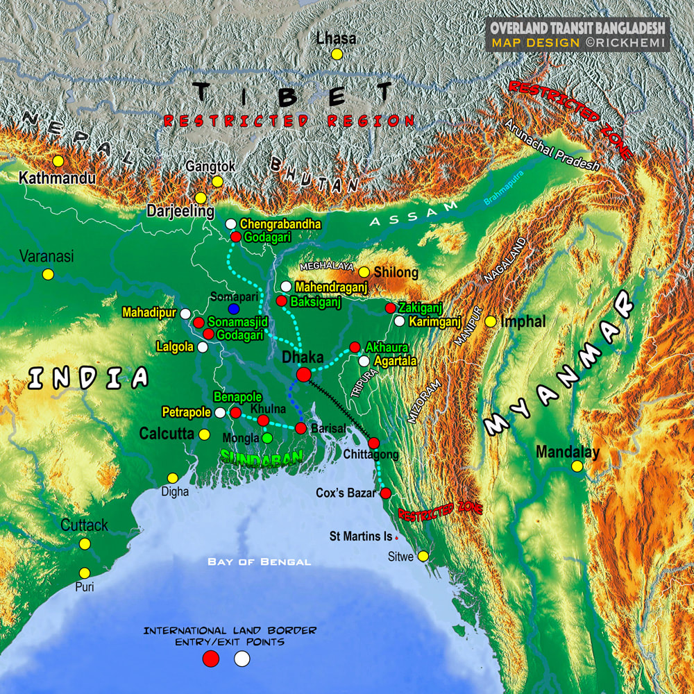 solo overland travel and transit Asia, Bangladesh route map, image designed by Rick Hemi