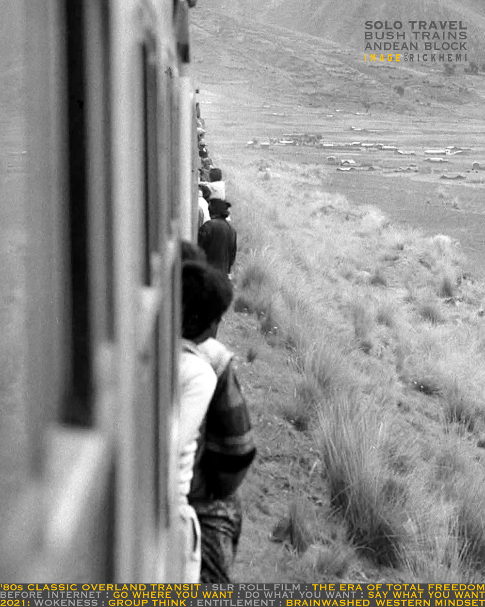 solo overland travel and transit South America, 1980s bush train travel, image by Rick Hemi