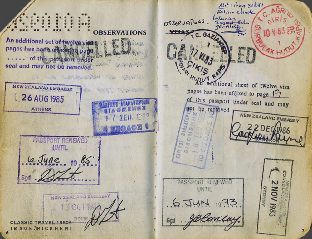 offshore solo overland travel, camera gear stuff, classic 1980s passport page, image by Rick Hemi
