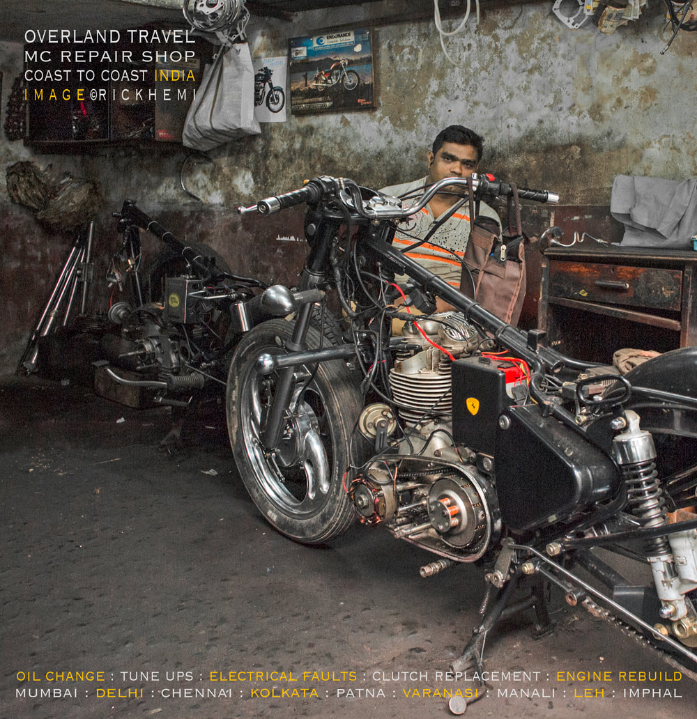 solo overland travel and transit, MC repair shop India, image by Rick Hemi 