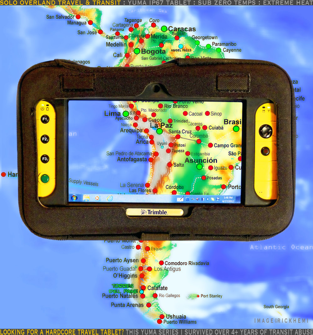 solo overland travel and transit offshore baggage gear, trimble yuma IP-67 rated tablet computer, image by Rick Hemi