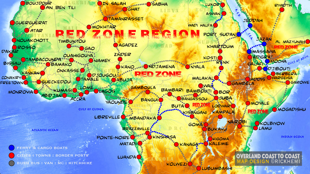 solo overland travel & transit coast to coast Africa, overland travel route red zone regions Africa, map design by Rick Hemi 