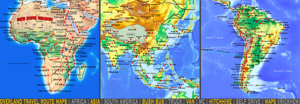 solo overland travel & transit route maps, Africa, Asia, South America, map designs copyright Rick Hemi