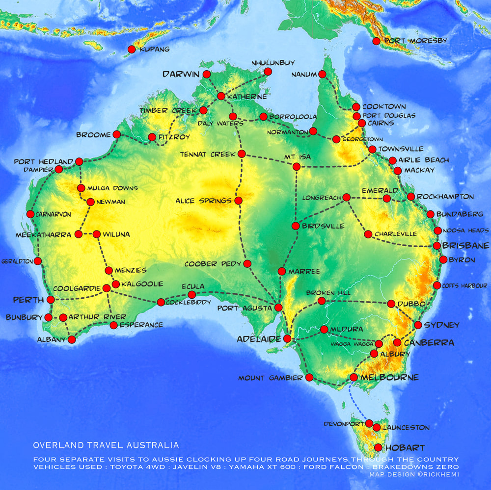 solo overland travel and transit self-driving routes through Australia, map design and image by Rick Hemi