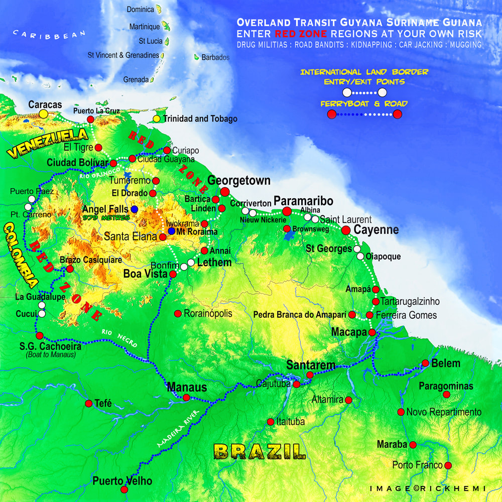 solo overland transit route map French Guiana, Surinam, Guyana, image map by Rick Hemi