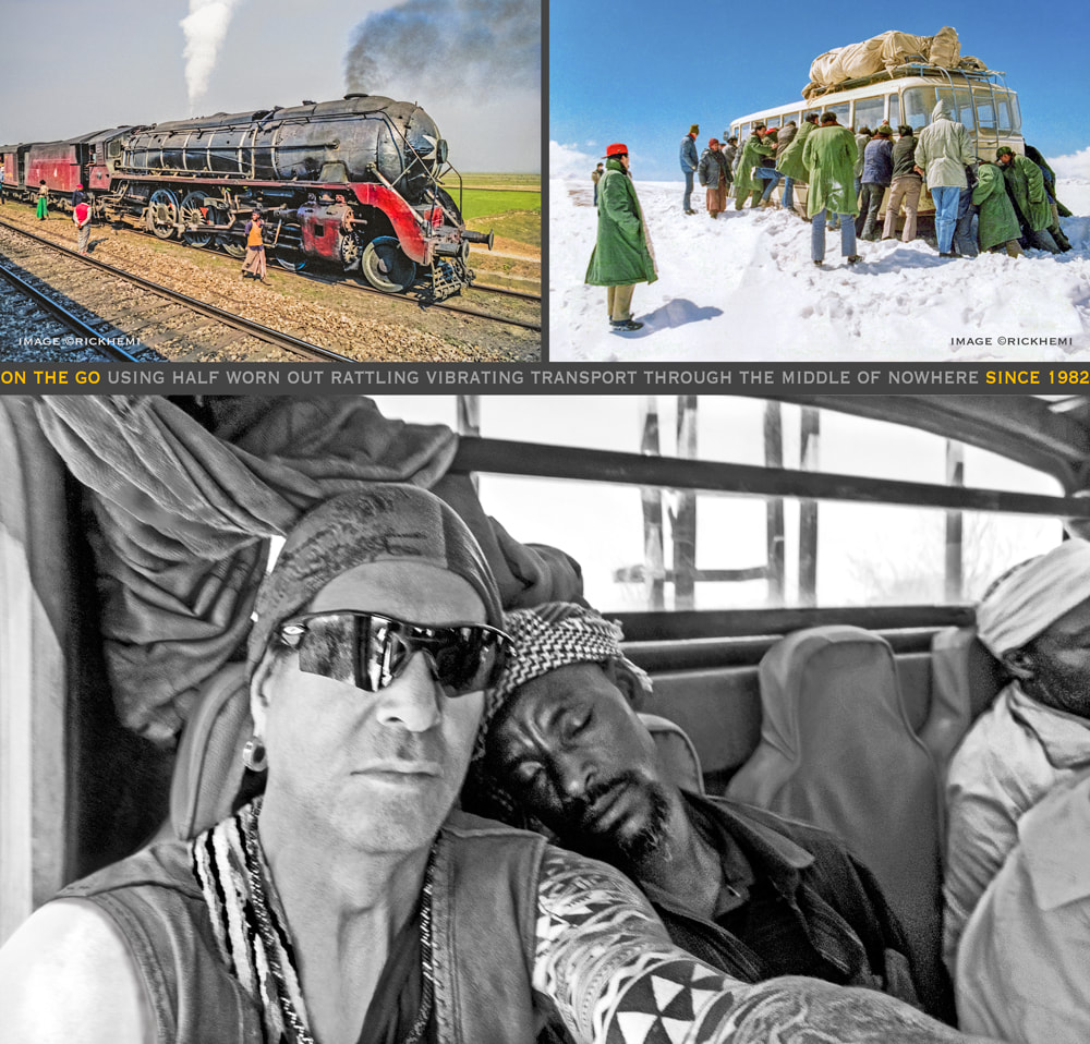 solo overland travel and transit since 1982, Middle East, Africa, Central and South America, central Africa, central north and east Asia, rare on the go selfie snap, images by Rick Hemi 