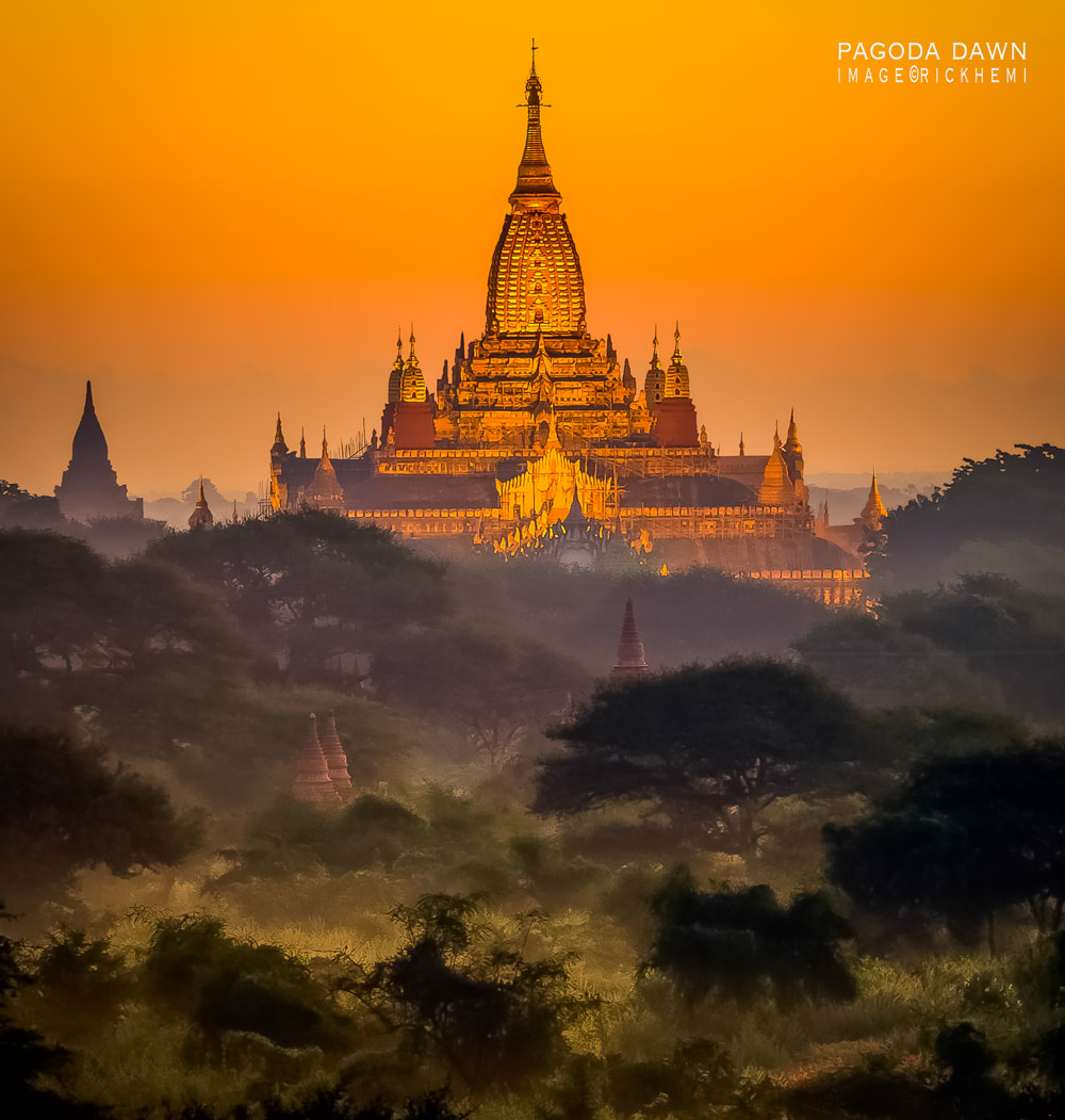 solo overland travel and transit Asia, pagoda dawn paradise, DSLR image by Rick Hemi