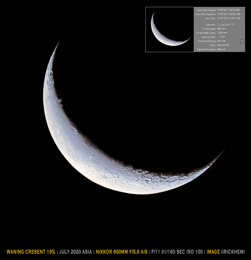 waning crescent moon 19%, Nikon Nikkor 800mm f/5.6 ED-IF AIS July 2020, image by Rick Hemi