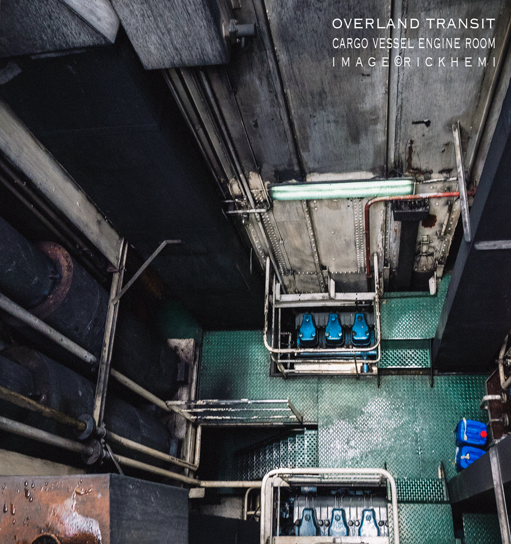 solo overland travel, ocean going cargo vessel engine room, image by Rick Hemi