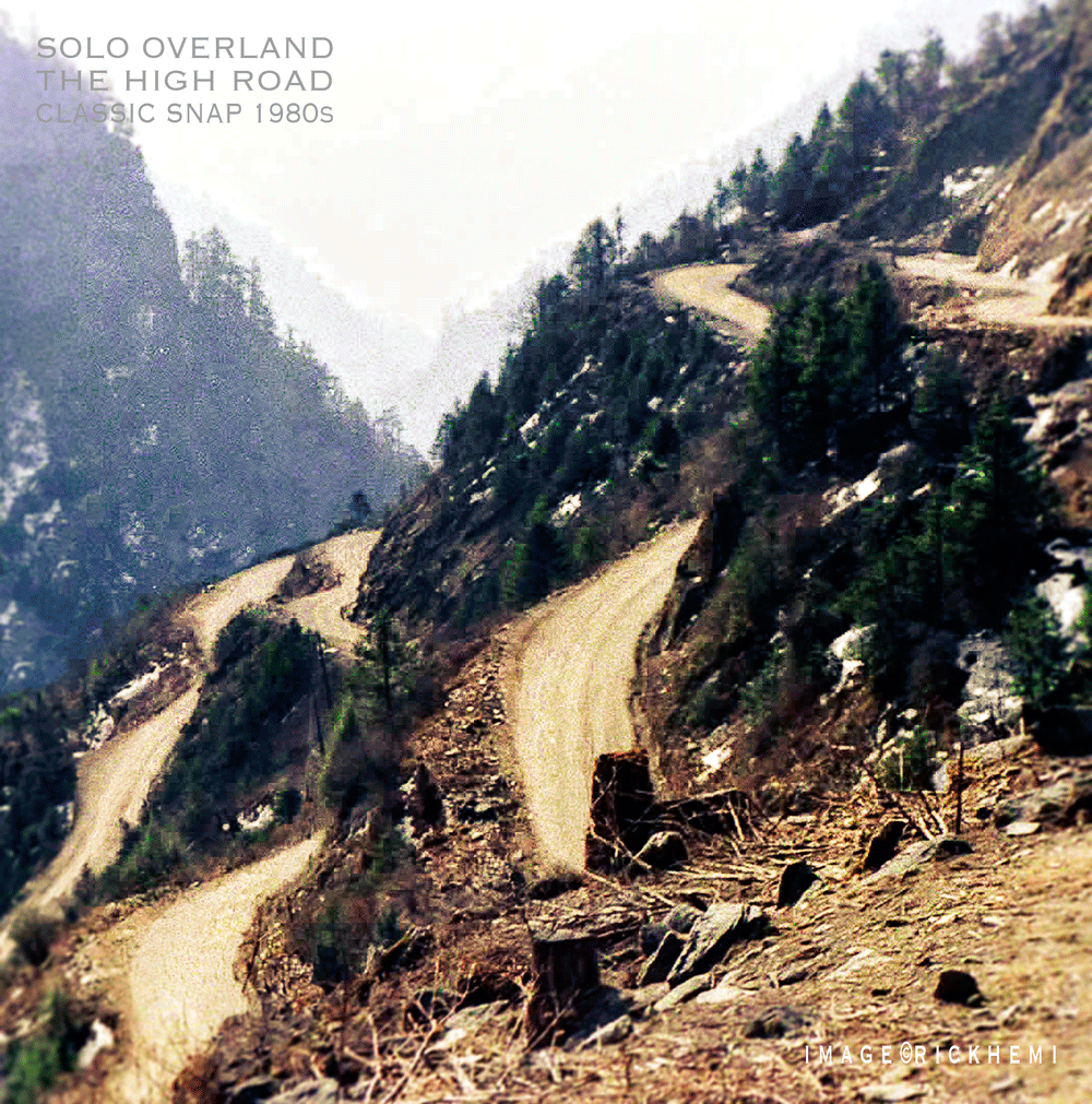 solo overland travel. solo overland transit, solo overland the original high road, midwinter original route Nepal Tibet mid-1980s, SLR roll film image by Rick Hemi