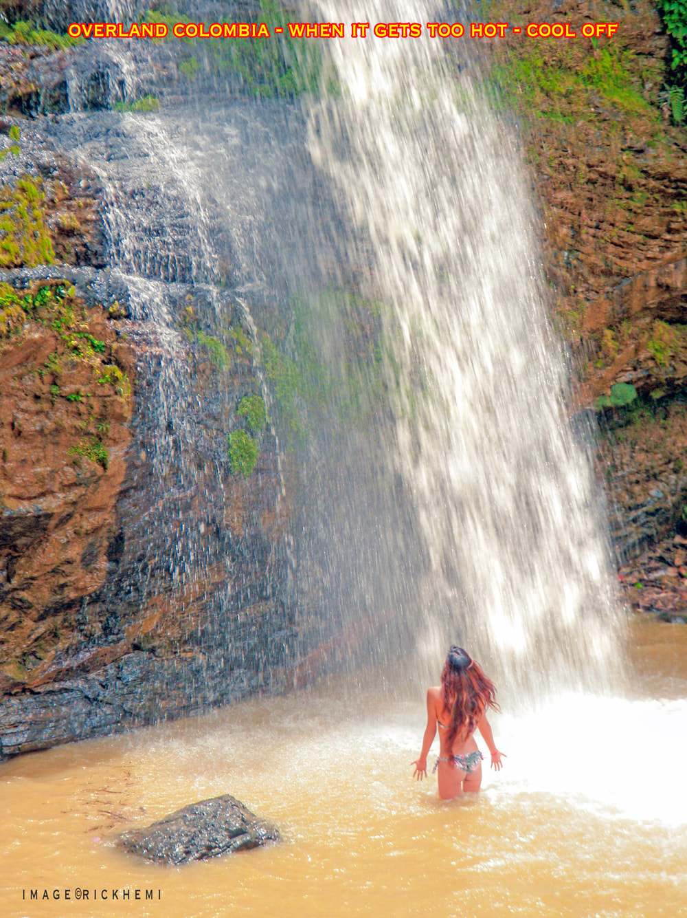 solo overland travel Colombia, isolated waterfall chill out soak, image by Rick Hemi
