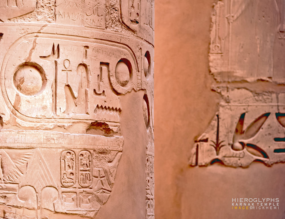 solo overland travel Middle East, hieroglyphics Karnak temple image by Rick Hemi 