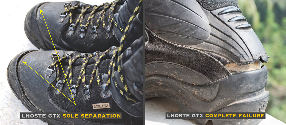 La Sportiva Lhoste GTX hiking boots, buyer beware, delaminating issues, La Sportiva Lhoste GTX sole separation, La Sportiva Lhoste GTX quality issues, La Sportiva Lhoste GTX sole separation and delaminating within 12 months of purchase, images by Rick Hemi