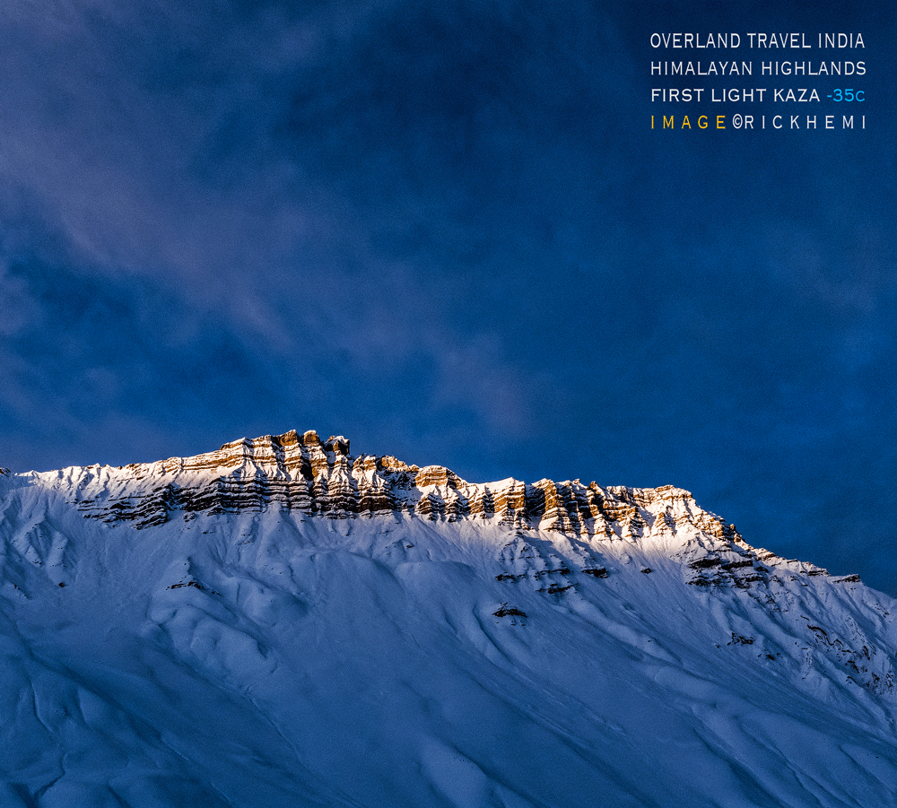 solo overland travel India, first light Kaza, Himalaya midwinter, subzero minus 35c, image by Rick Hemi
