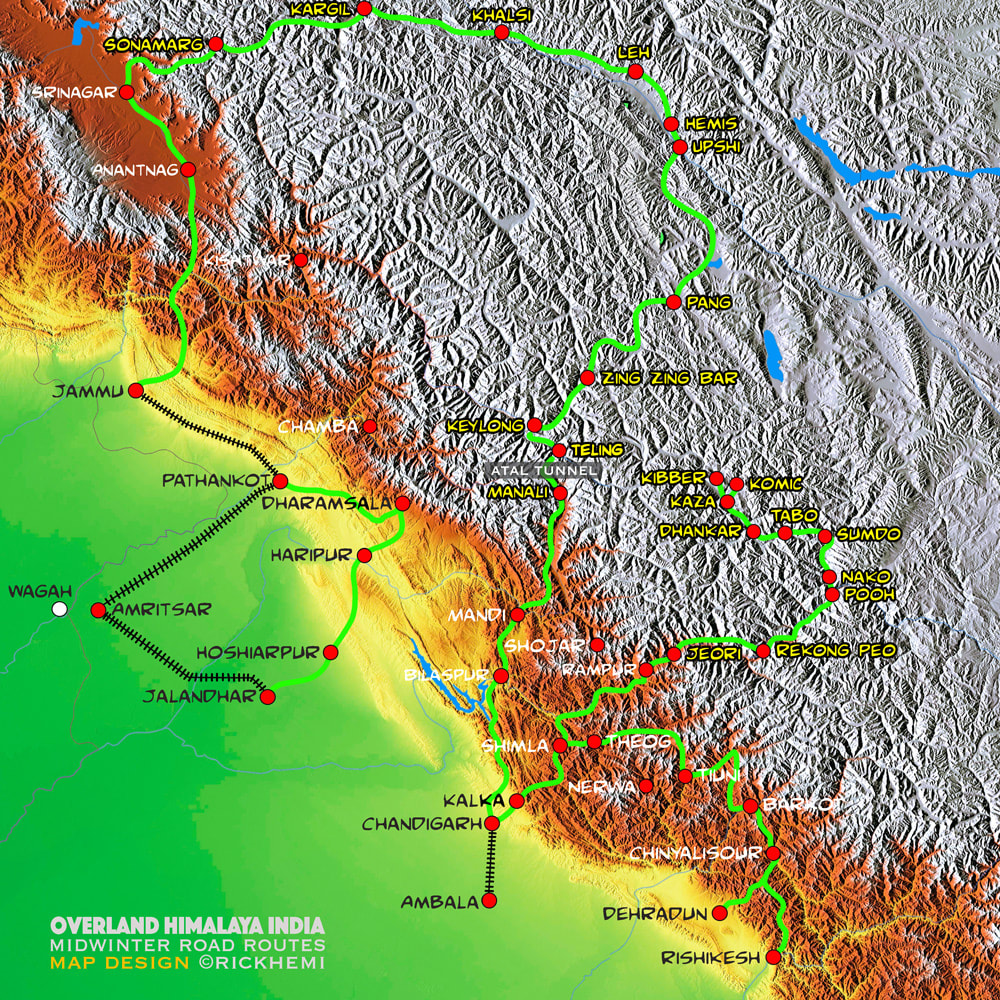 Indian midwinter Himalaya highlands road routes, map design by Rick Hemi