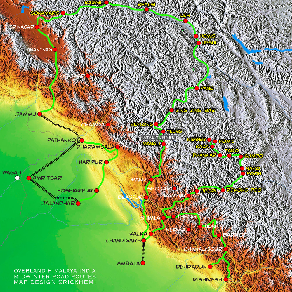 Indian Himalaya overland midwinter route map, map design by Rick Hemi