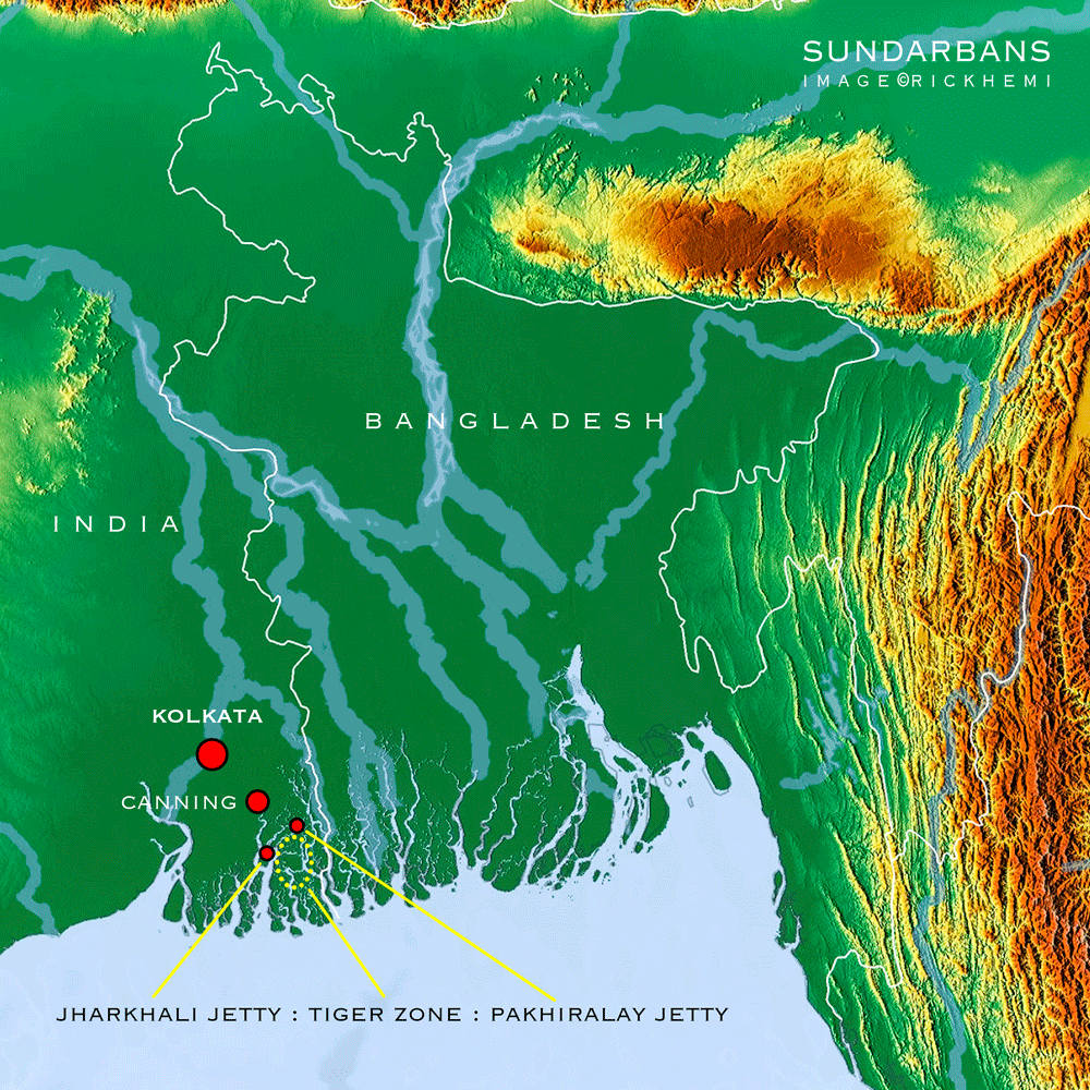 solo overland travel India, Sundarbans India, swamp tiger region India, map by Rick Hemi