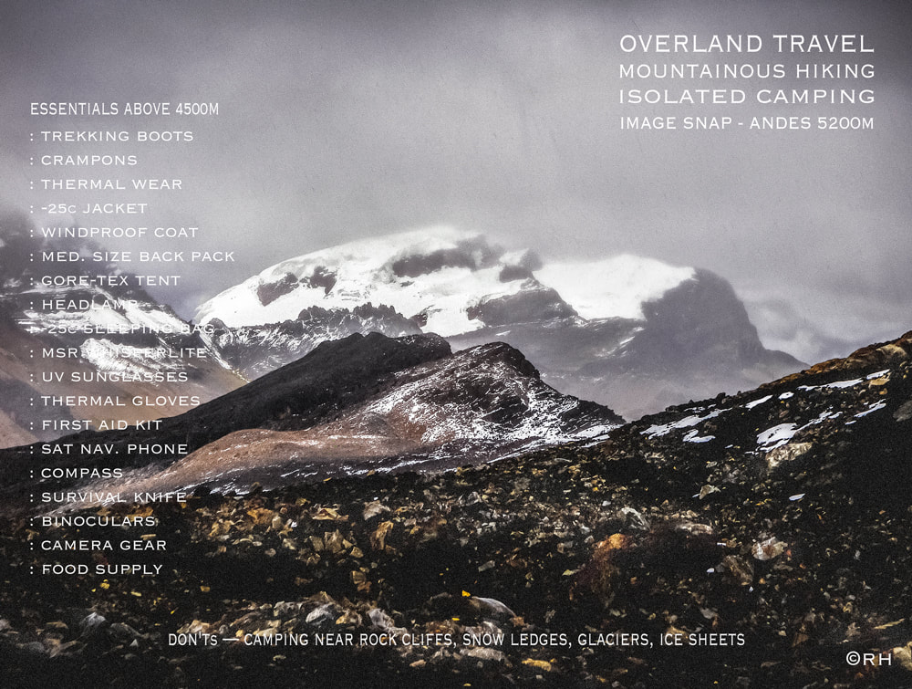 solo overland travel, solo trekking and hiking above 4000 meters, isolated survival list, image by Rick Hemi 
